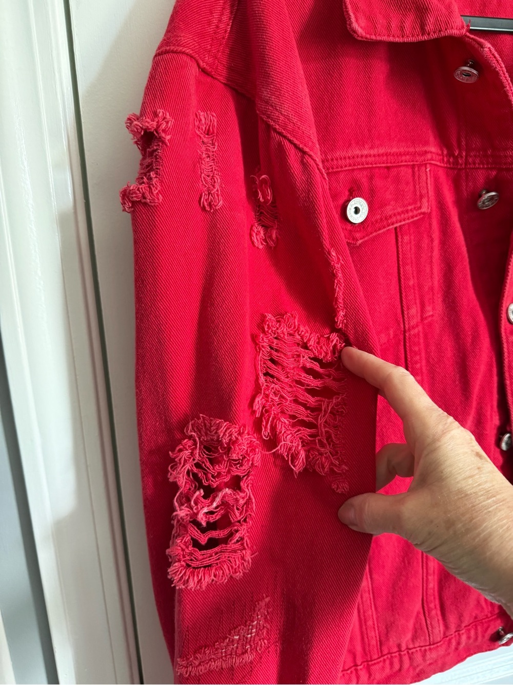 Red Distressed Denim Jacket - Women - Picture 2 of 7